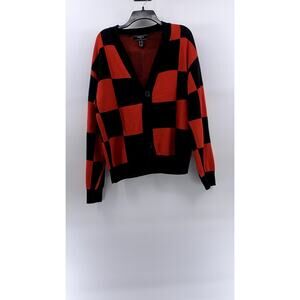FOREVER 21 Men’s Red-Black Checkerboard V-Neck Button-Up Cardigan SZ M